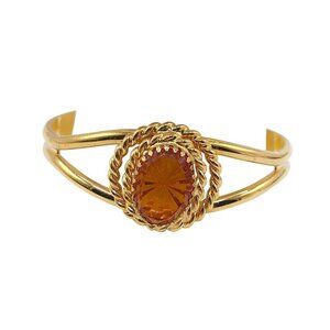 Vintage Gold Tone Cuff Bracelet With Amber Colored Glass Stone Rope Design